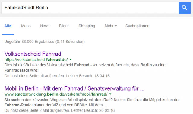 Google-Suche nach FahrradStadt Berlin