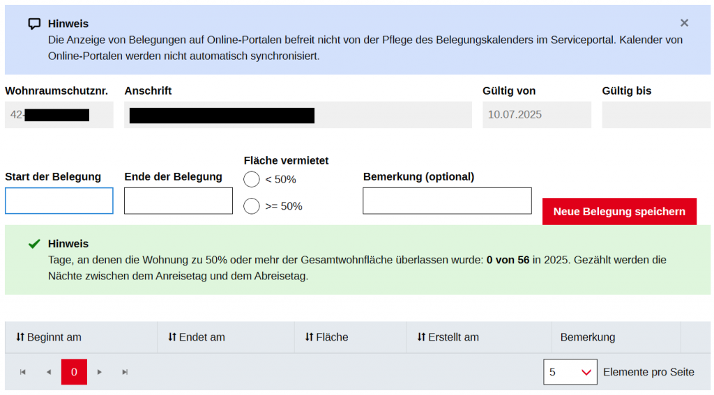 Wohnraumschutznummer - Belegungskalender